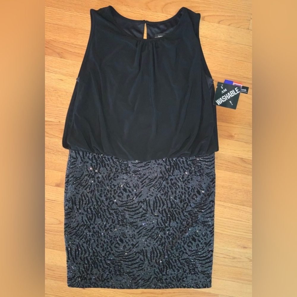 NWT Elegant Formal Black Dress with Gray and Black animal print